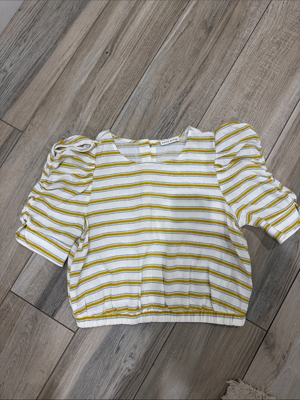 Moon River White Striped Puff Sleeve Top with Yellow Accents